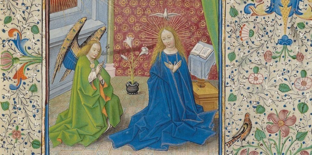 Burgh, klooster Leliëndaele, gehele miniatuur annunciatie Gabriel kondigt Maria geboorte aan, met lelie, (Vlaams, Willem Vrelant, Getty ms ludwig-IX-8-f-58r)