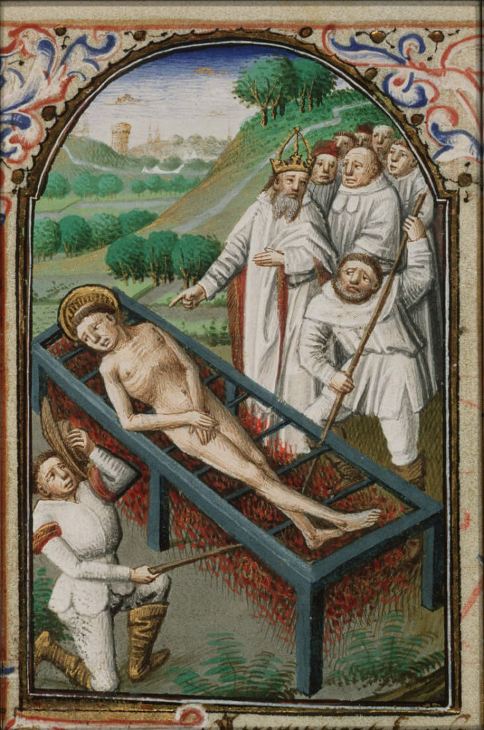 Rengerskerke, St Laurentius op rooster detail, Getijdenboek Simon de Varie, Master of Jean Rolin II , 1440 tot 1465 , KB 74 G37, folio 073v