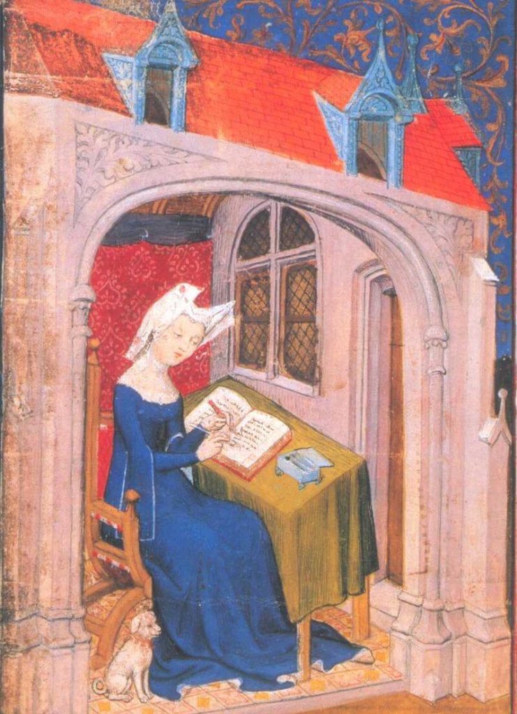 Zierikzee, Begijnen Christine de Pisan in haar studeerkamer, Londen, British Library, Ms. Harley 4431, f. 4r Meester van de Cité des Dames