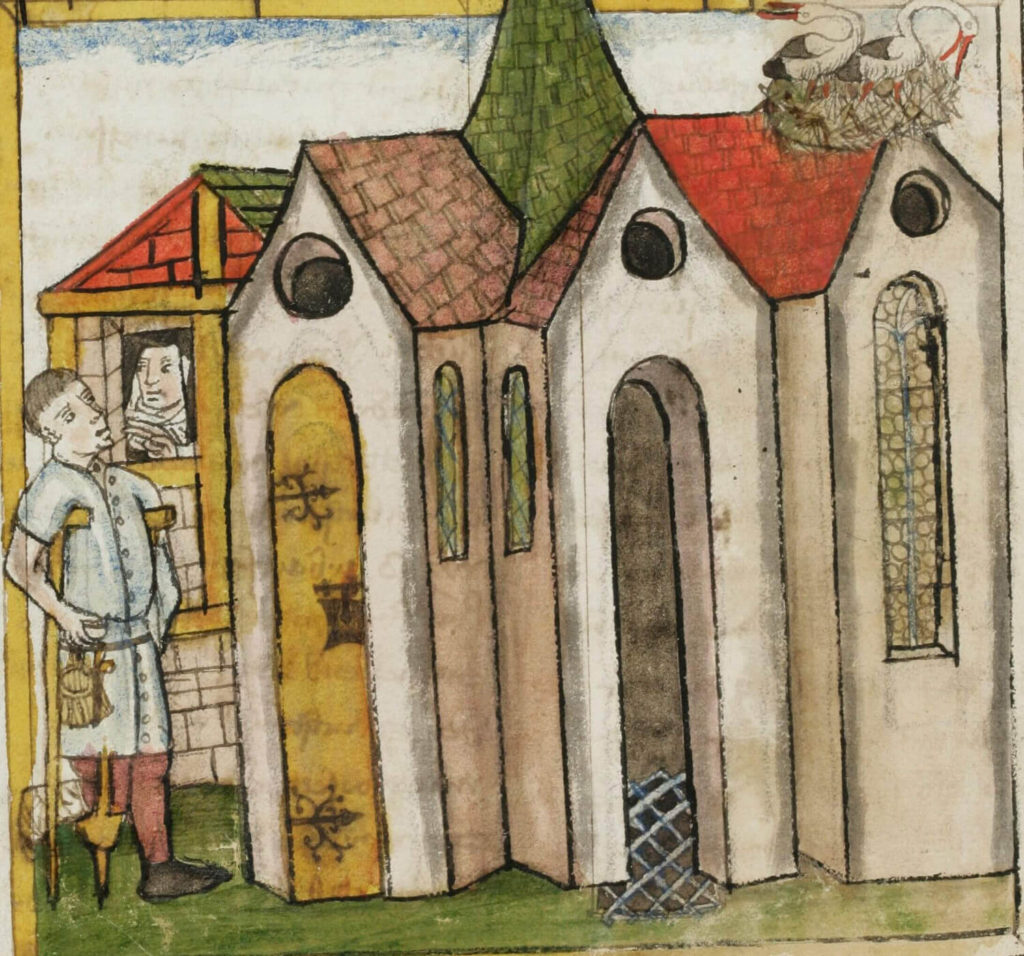 Zierikzee, Cellezusters zuster in kluis heeft bezoek, 1450, St Gallen Stifsbibliothek ms 602, fol 324